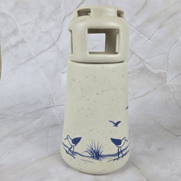 Vintage Sanibel Pottery 1984 Lighthouse Candle Holder Seabirds Cream Blue - Picture 5 of 14